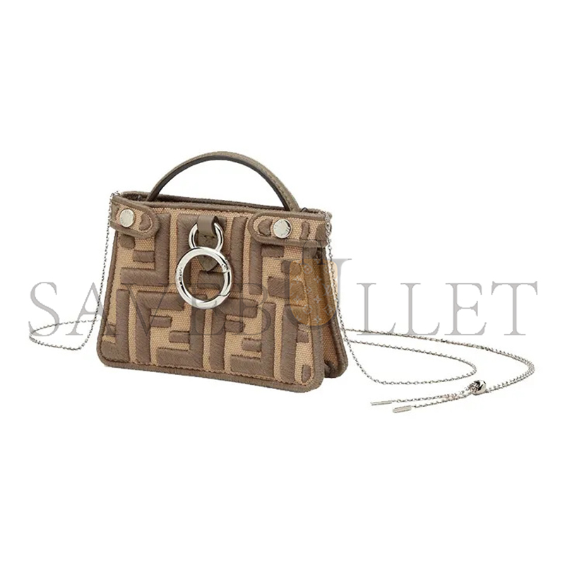 FENDI CANVAS VITELLO VOLANATO FF EMBROIDERED PICO PEEKABOO CHARM SAND TARTUFO 7AR993AHWGF1F2U (13*10*5cm)